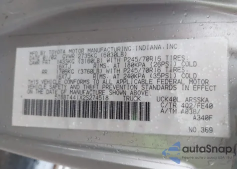 2002 Toyota Tundra Sr5 V8 from USA, damaged, VIN 5TBBT441X2S274518